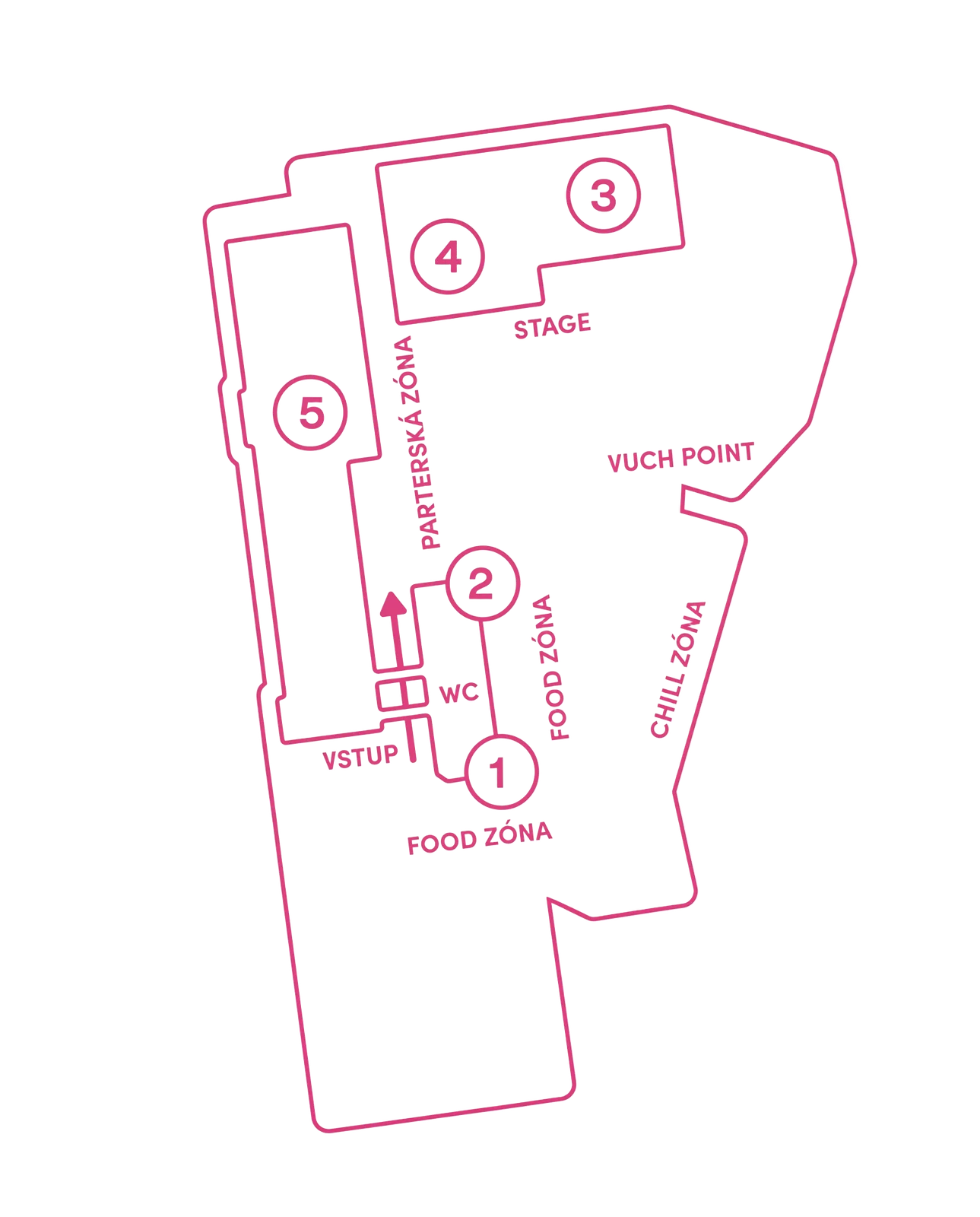 Nákres areálu VUCHfest — vstup, pódium, food zóna, merch, bar, WC, chill zóna