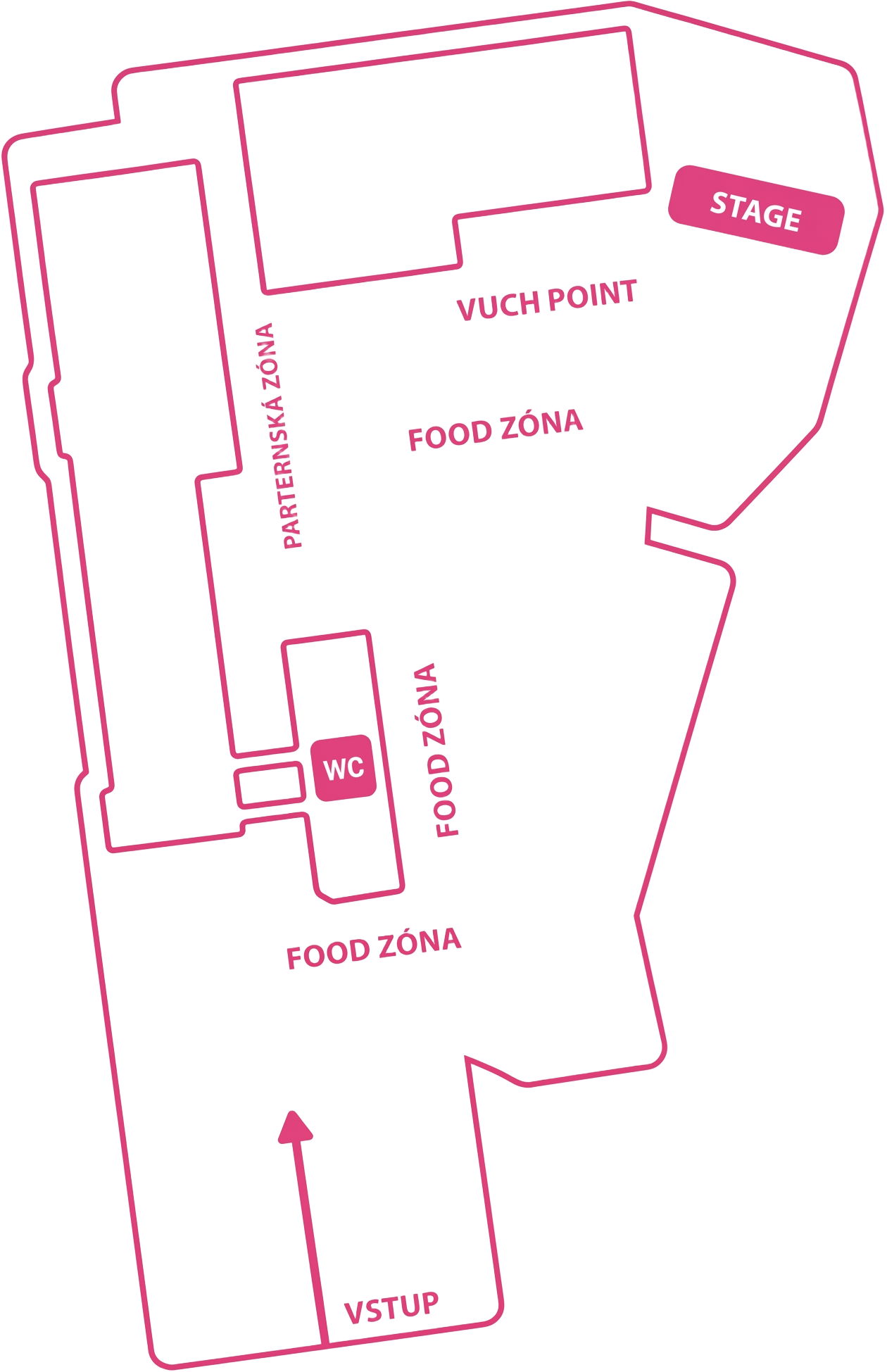 Nákres areálu VUCHfest — vstup, pódium, food zóna, merch, bar, WC, chill zóna